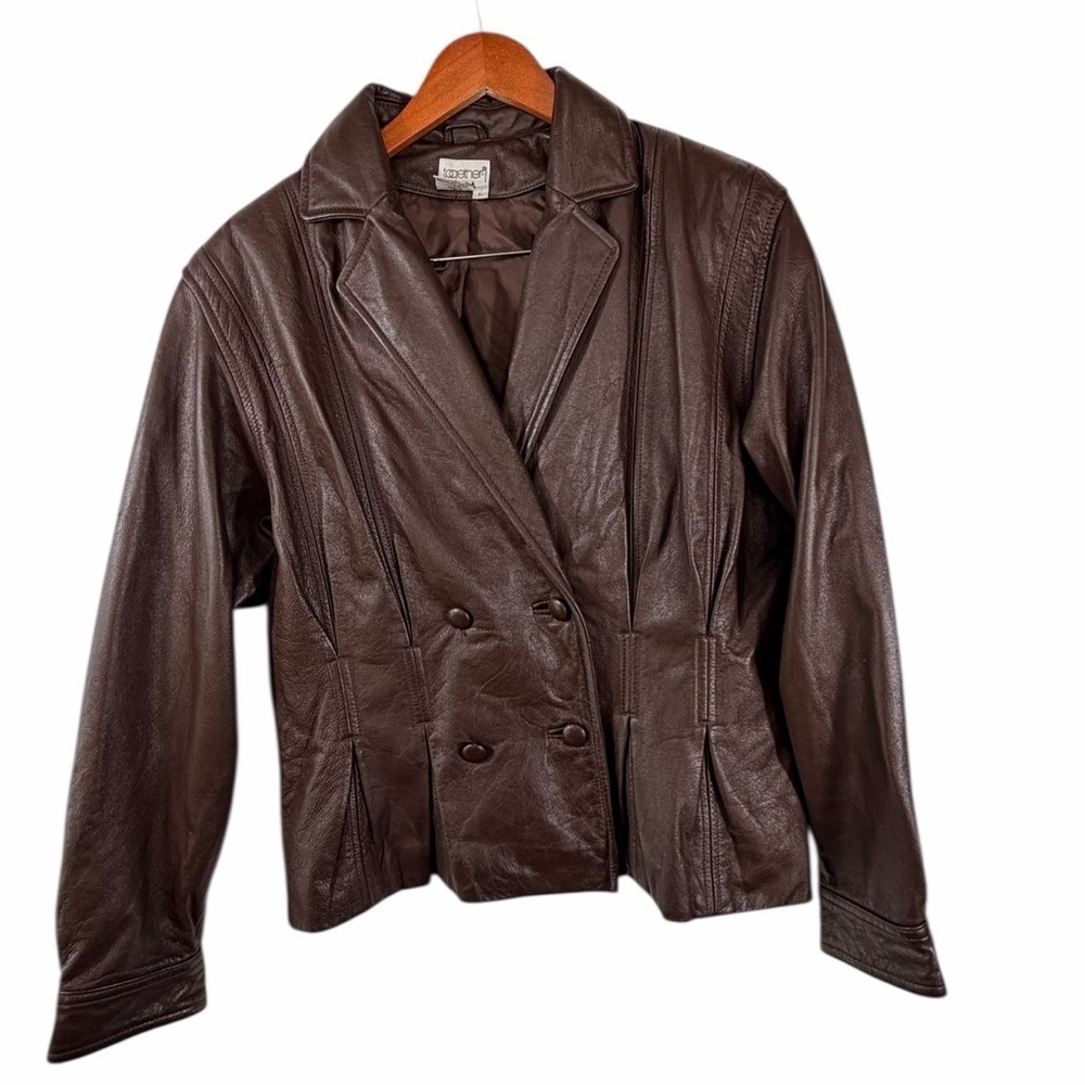Together 9 Vintage Brown Genuine Leather Double Breasted Blazer Women’s Large - Picture 12 of 16